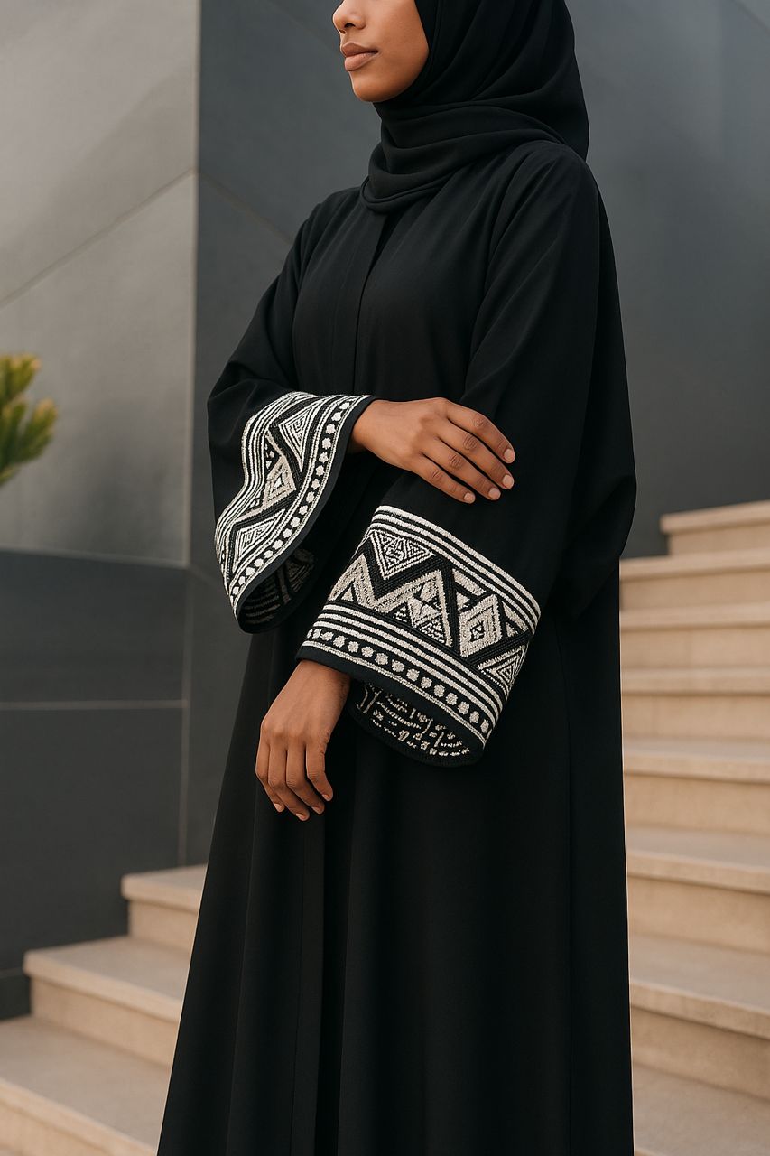 Elegant Embroidered Abaya Coat for Women – Lightweight, Breathable Modest Dress with Sleeve & Hem Detailing